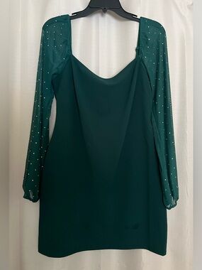 Jump Apparel Emerald Green Rhinestone Sheer Sleeve Mini Dress Size L